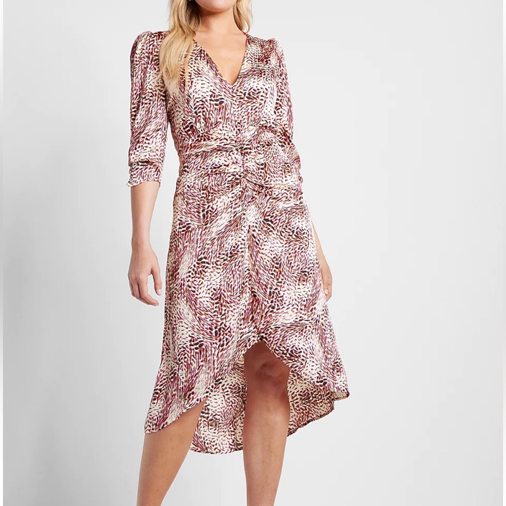 NEW Express Midi Dress-Abstract/ Animal Print- Ruched, Hi-Lo, Puff Sleeve Size S